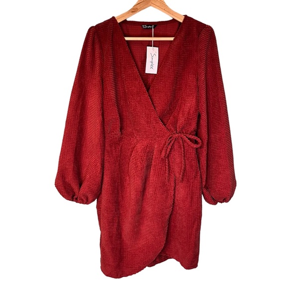 Simplee Apparel Dresses & Skirts - Simplee Red Rust Velvet Faux Wrap Balloon Sleeve Tulip Skirt Dress